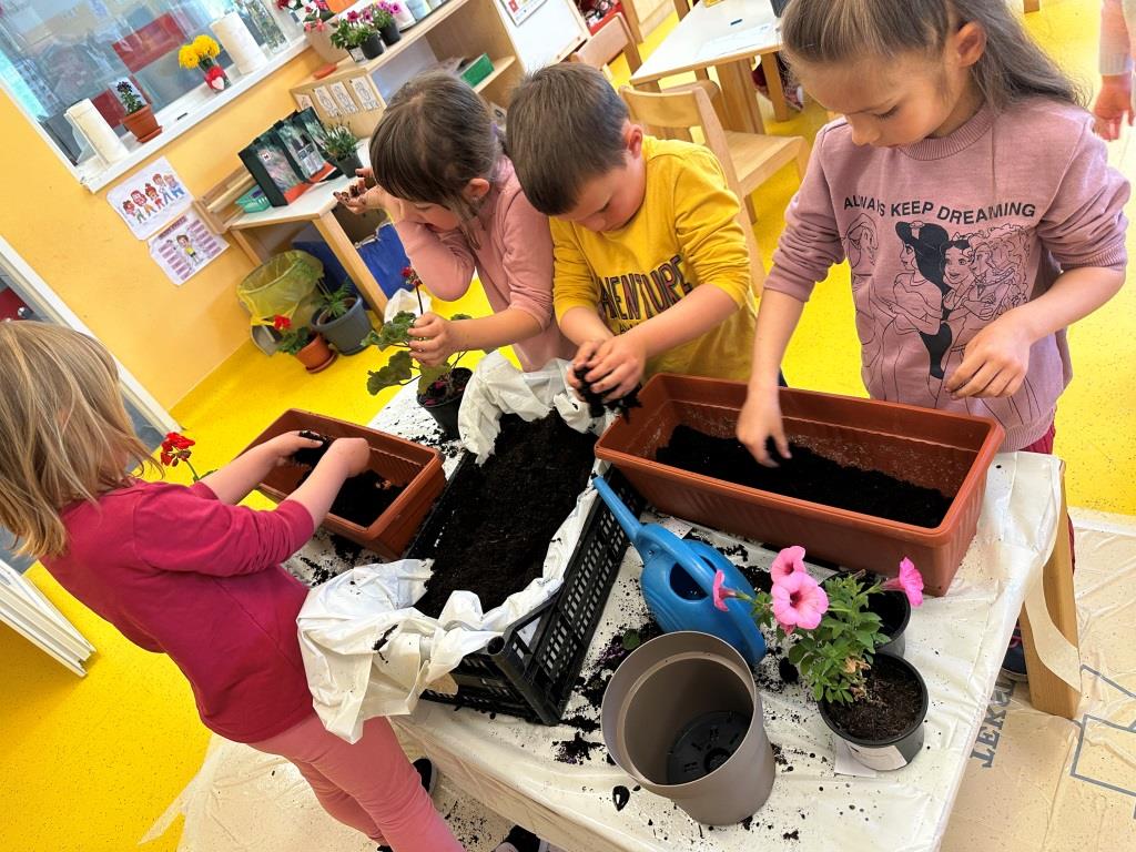Dan-planeta-Zemlje-I - Djeca u skupini sade cvijeće u tegle i pune ih zemljom, radeći zajedno za stolom prekrivenim zaštitnim papirom.