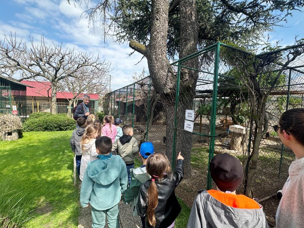 Izlet-skupine-Tockice-III - Skupina djece stoji i slušaju voditelja zoološkog vrta, a nalaze se kod nastambe bijele čaplje okružene drvećem i zelenilom.